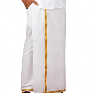 Cotton Men Cotton Blend Readymade White & Cream Dhoti With Gold Jari Border Genxt