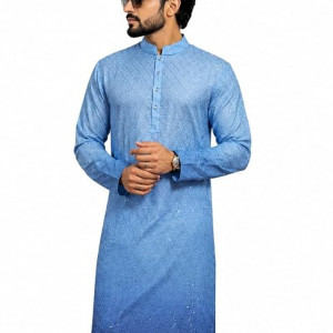 Men's Cotton Chikankari Embroidered Kurta with Full Sleeves and Knee Length Design , Light Blue
