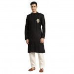 Men's Cotton Straight Fit Casual Black and Gold Solid Kurta