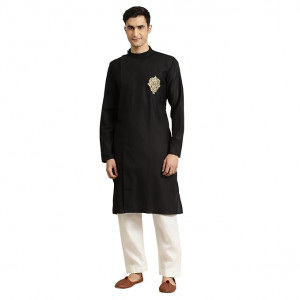 Men's Cotton Straight Fit Casual Black and Gold Solid Kurta