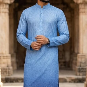 Men's Cotton Chikankari Embroidered Kurta with Full Sleeves and Knee Length Design , Light Blue