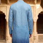 Men's Cotton Chikankari Embroidered Kurta with Full Sleeves and Knee Length Design , Light Blue