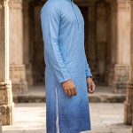 Men's Cotton Chikankari Embroidered Kurta with Full Sleeves and Knee Length Design , Light Blue