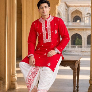 Men's Khadi Silk Embroidered Kurta Red