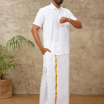Cotton Men Cotton Blend Readymade White & Cream Dhoti With Gold Jari Border Genxt