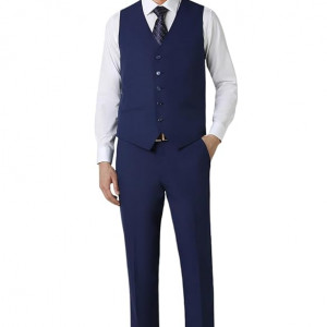 Men Navy Solid Slim Fit Wedding Three Piece Suit
