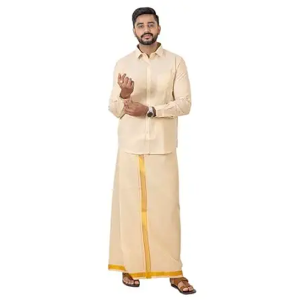Men Gold Tissue Jacquard Full Sleeves Shirt with Matching Dhoti Set