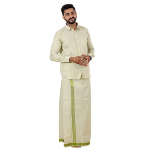 Men Gold Green Tissue Jacquard Full Sleeves Shirt with Matching Dhoti Set