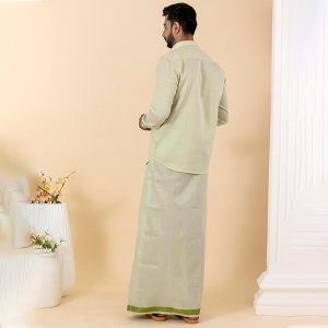Men Gold Green Tissue Jacquard Full Sleeves Shirt with Matching Dhoti Set