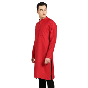 Men's Cotton Straight Fit Casual Red Solid Kurta